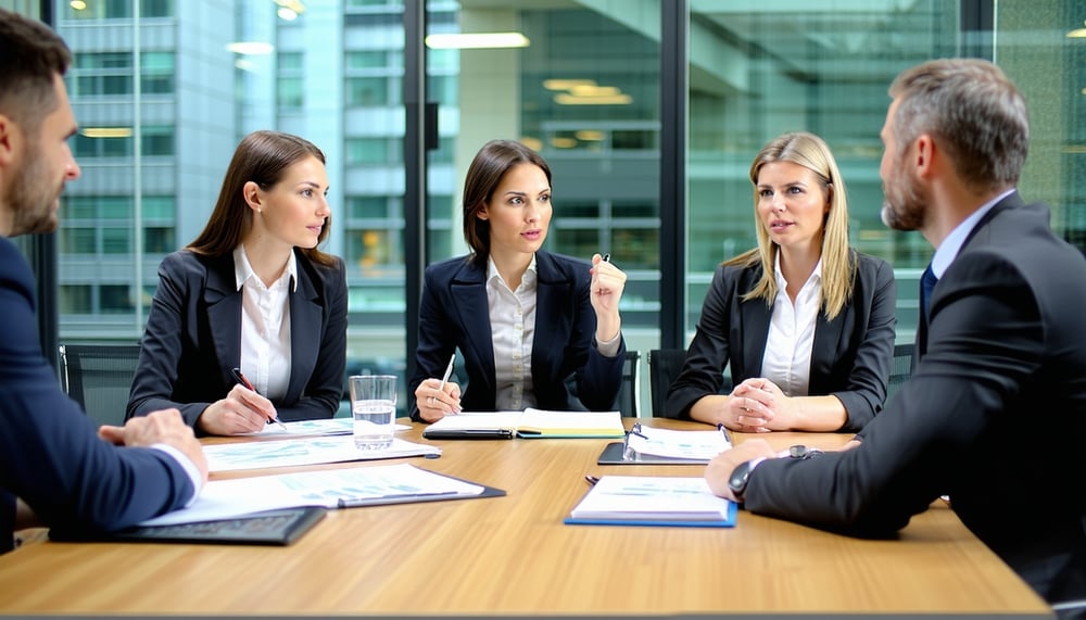 Legal professionals discussing corporate strategy
